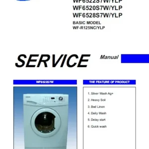 Samsung wf6522s7w wf6520s7w wf6528s7w service manual cover cover with photo of the washing machine, model code and type and manual contents