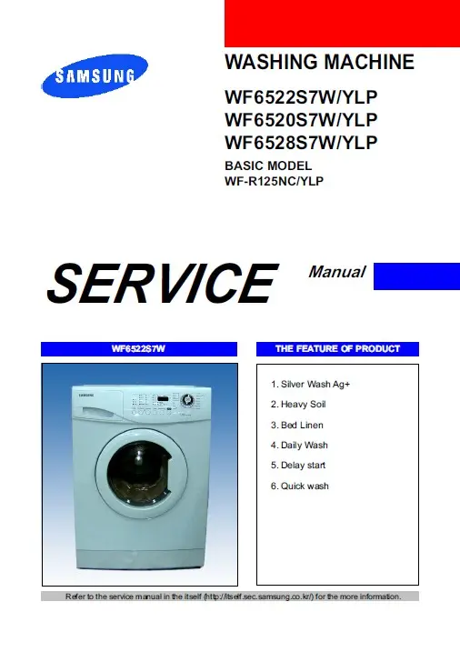 Samsung wf6522s7w wf6520s7w wf6528s7w service manual cover cover with photo of the washing machine, model code and type and manual contents