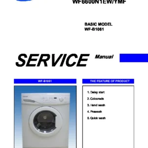 Samsung wf6600n1ew wf b1261,wf b1061,wf b861 service manual cover cover with photo of the washing machine, model code and type and manual contents