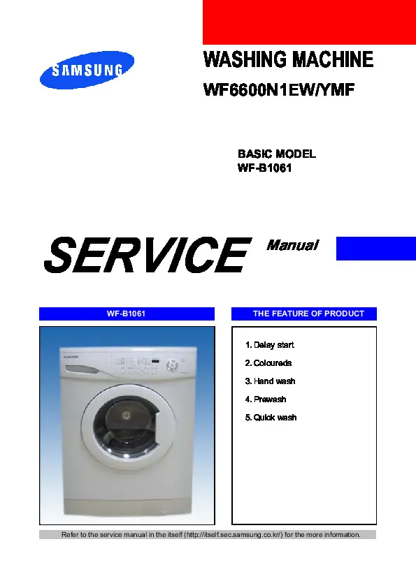 Samsung wf6600n1ew wf b1261,wf b1061,wf b861 service manual cover cover with photo of the washing machine, model code and type and manual contents