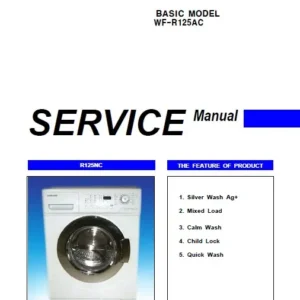 Samsung wf6600s4v wf r125nc service manual cover cover with photo of the washing machine, model code and type and manual contents