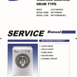 Samsung wf7202 service manual cover cover with photo of the washing machine, model code and type and manual contents