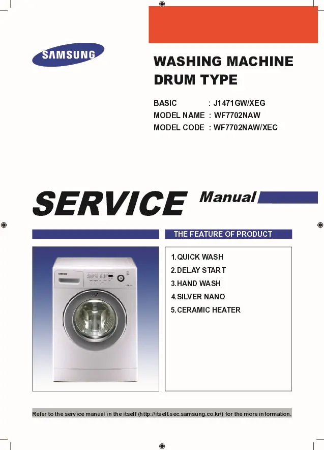 Samsung wf7202 service manual cover cover with photo of the washing machine, model code and type and manual contents