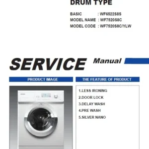 Samsung wf7520s8c service manual cover cover with photo of the washing machine, model code and type and manual contents