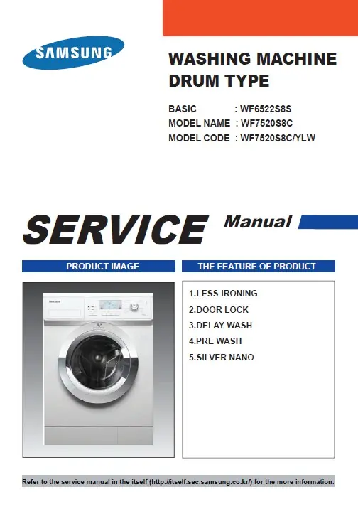 Samsung wf7520s8c service manual cover cover with photo of the washing machine, model code and type and manual contents