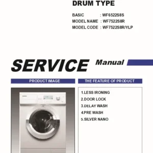Samsung wf7522s8c wf7522s8r service manual cover cover with photo of the washing machine, model code and type and manual contents