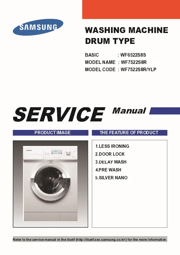 Samsung wf7522s8c wf7522s8r service manual cover cover with photo of the washing machine, model code and type and manual contents