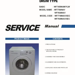 Samsung wf7600 series service manual cover cover with photo of the washing machine, model code and type and manual contents