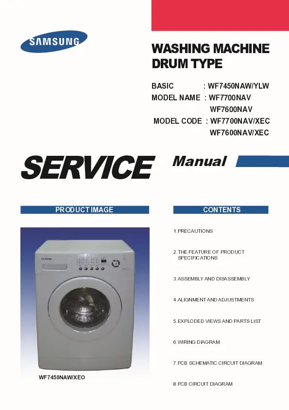 Samsung wf7600 series service manual cover cover with photo of the washing machine, model code and type and manual contents