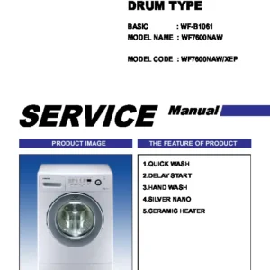 Samsung wf7600naw wf7602sav service manual cover cover with photo of the washing machine, model code and type and manual contents