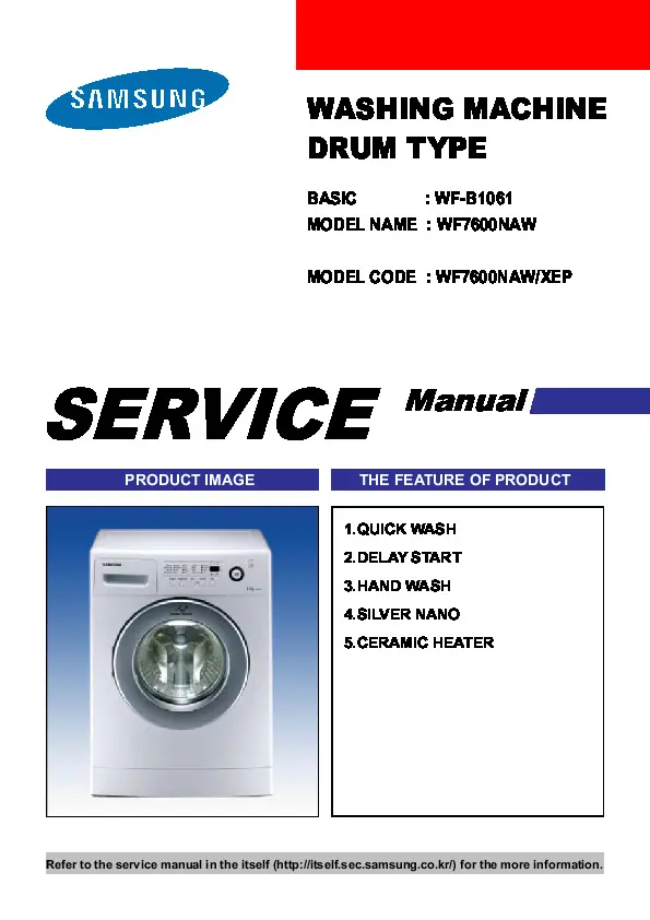 Samsung wf7600naw wf7602sav service manual cover cover with photo of the washing machine, model code and type and manual contents