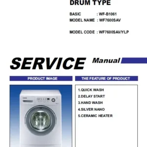 Samsung wf7600sav service manual cover cover with photo of the washing machine, model code and type and manual contents
