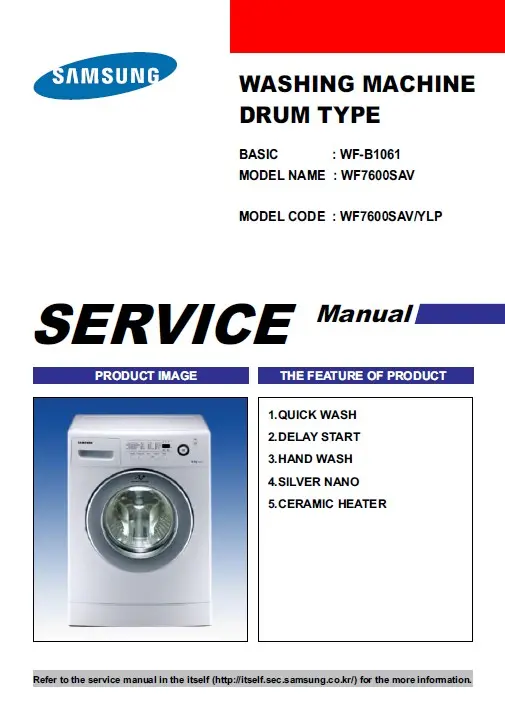 Samsung wf7600sav service manual cover cover with photo of the washing machine, model code and type and manual contents