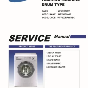 Samsung wf7602naw service manual cover cover with photo of the washing machine, model code and type and manual contents