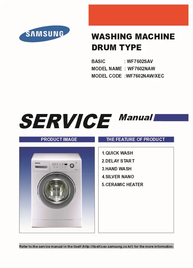 Samsung wf7602naw service manual cover cover with photo of the washing machine, model code and type and manual contents