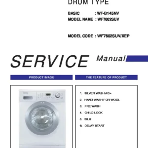 Samsung wf7604suv wf7602suv wf7600suv service manual cover cover with photo of the washing machine, model code and type and manual contents