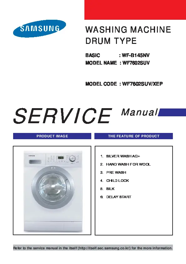 Samsung wf7604suv wf7602suv wf7600suv service manual cover cover with photo of the washing machine, model code and type and manual contents