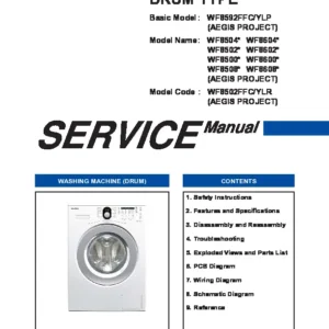 Samsung wf8502 series service manual cover cover with photo of the washing machine, model code and type and manual contents