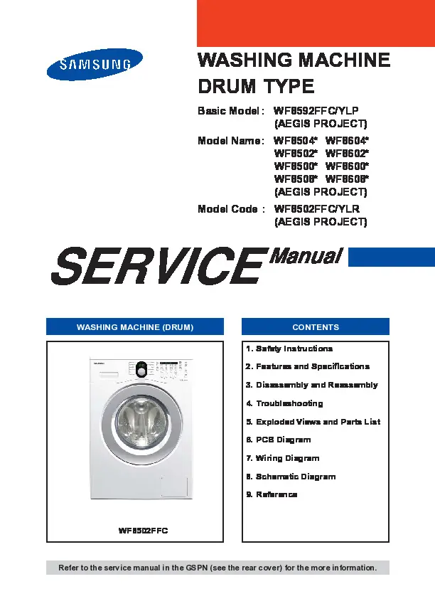 Samsung wf8502 series service manual cover cover with photo of the washing machine, model code and type and manual contents