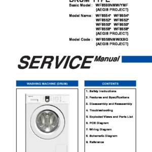 Samsung wf8558nmw8 service manual cover cover with photo of the washing machine, model code and type and manual contents