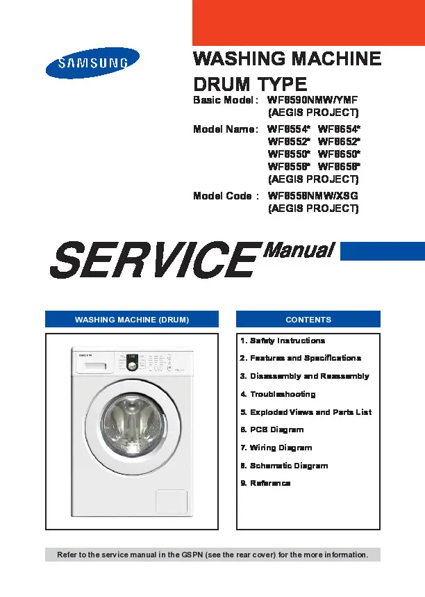 Samsung wf8558nmw8 service manual cover cover with photo of the washing machine, model code and type and manual contents