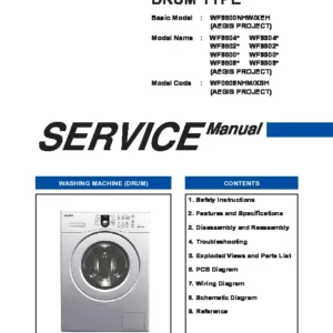 Samsung wf8600nhw service manual cover cover with photo of the washing machine, model code and type and manual contents