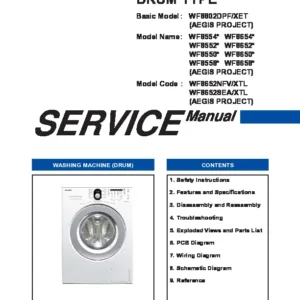 Samsung wf8650 wf8652 wf8654 wf8658 service manual cover cover with photo of the washing machine, model code and type and manual contents