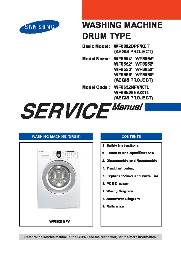 Samsung wf8650 wf8652 wf8654 wf8658 service manual cover cover with photo of the washing machine, model code and type and manual contents