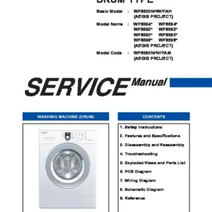 Samsung wf8690 wf8590 series service manual cover cover with photo of the washing machine, model code and type and manual contents