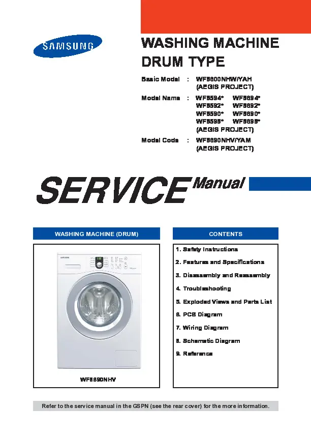 Samsung wf8690 wf8590 series service manual cover cover with photo of the washing machine, model code and type and manual contents