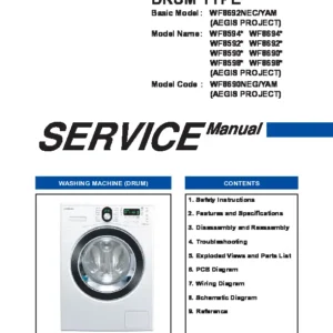 Samsung wf8690neg wf8692nec service manual cover cover with photo of the washing machine, model code and type and manual contents