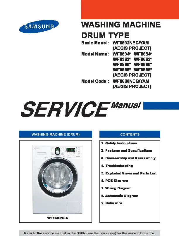 Samsung wf8690neg wf8692nec service manual cover cover with photo of the washing machine, model code and type and manual contents