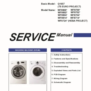 Samsung wf8800 series service manual cover cover with photo of the washing machine, model code and type and manual contents