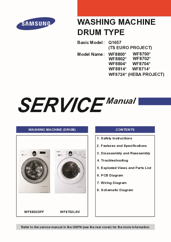 Samsung wf8800 series service manual cover cover with photo of the washing machine, model code and type and manual contents