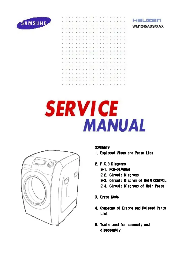 Samsung wm1245 service manual cover cover with photo of the washing machine, model code and type and manual contents