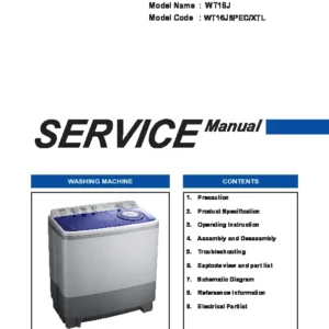 Samsung wt16j8pec service manual cover cover with photo of the washing machine, model code and type and manual contents
