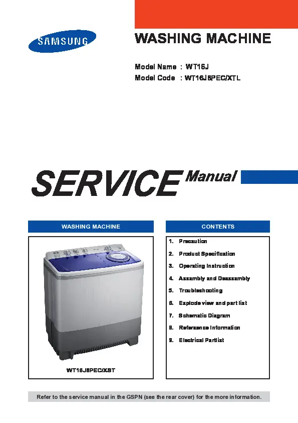 Samsung wt16j8pec service manual cover cover with photo of the washing machine, model code and type and manual contents