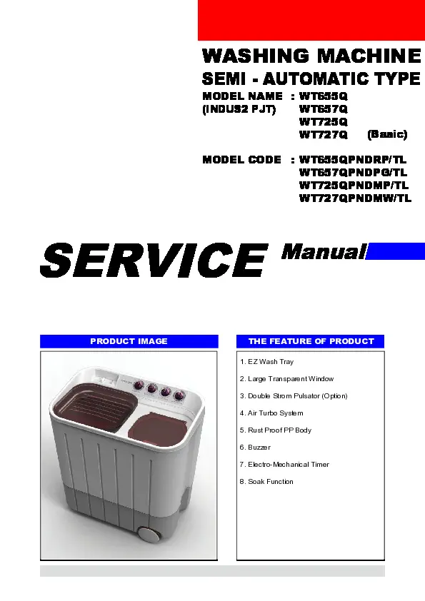 Samsung wt727qpndmw service manual cover cover with photo of the washing machine, model code and type and manual contents
