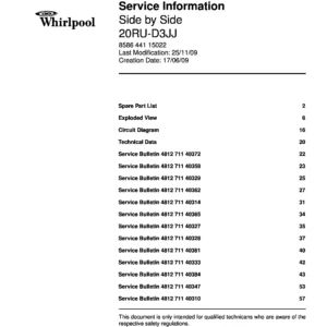 Whirlpool 20ru d3jj service manual cover with model code, manual contents and publication date