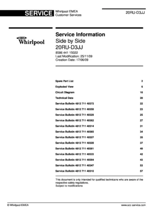 Whirlpool 20ru d3jj service manual cover with model code, manual contents and publication date
