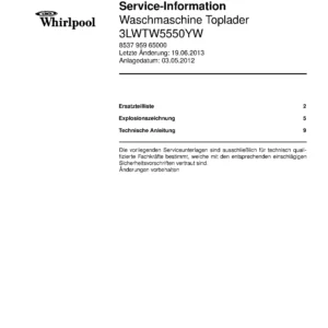 Whirlpool 3lwtw5550yw service manual cover Whirlpool logo, Whirlpool EMEA customer service, model type, publication date, document number and service manual contents