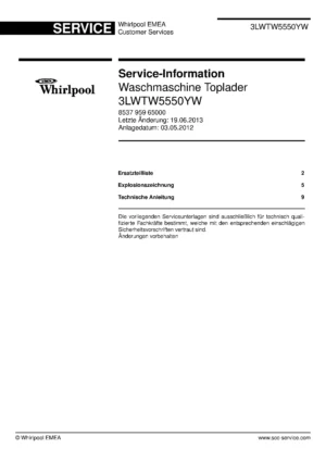 Whirlpool 3lwtw5550yw service manual cover Whirlpool logo, Whirlpool EMEA customer service, model type, publication date, document number and service manual contents