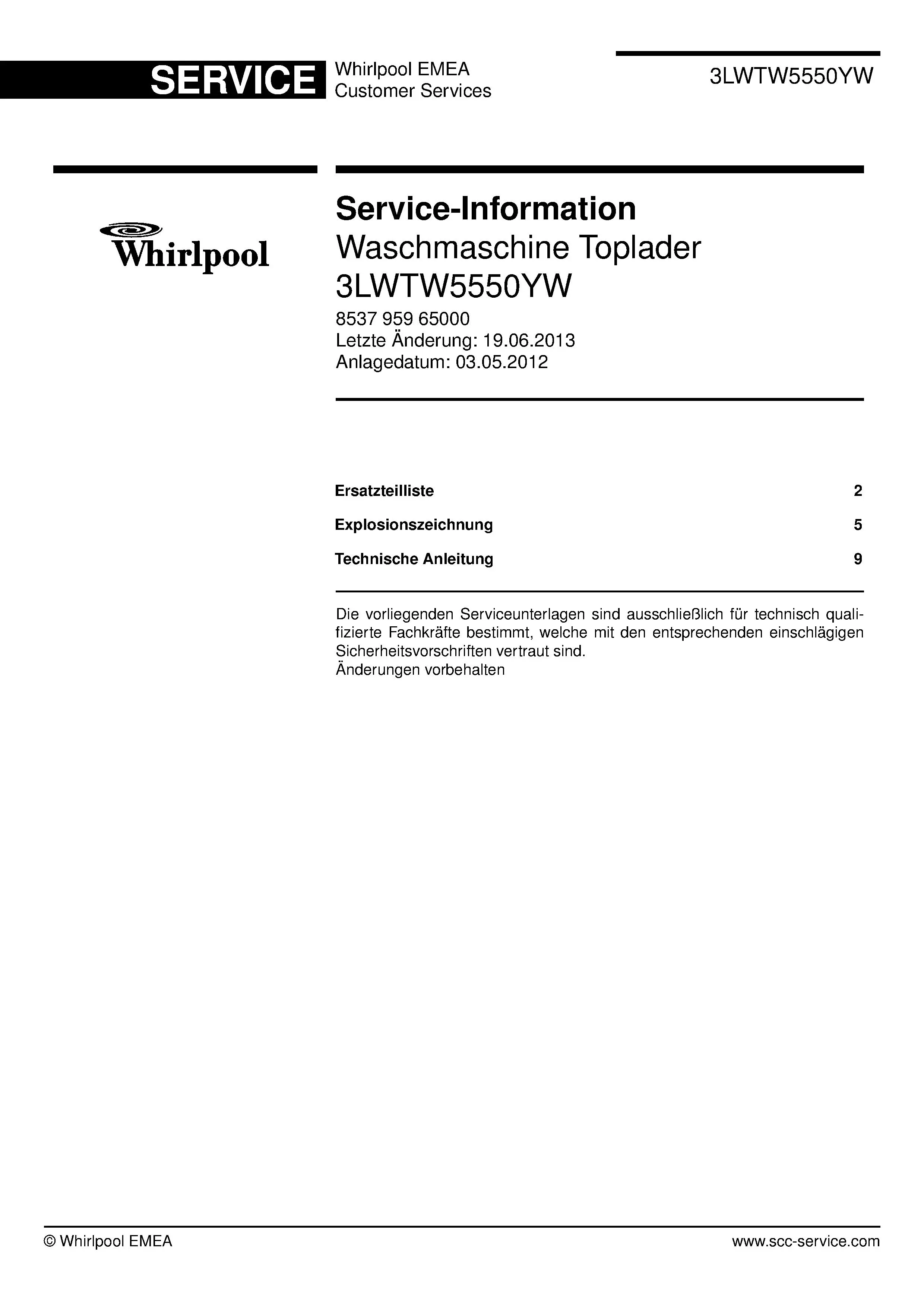 Whirlpool 3lwtw5550yw service manual cover Whirlpool logo, Whirlpool EMEA customer service, model type, publication date, document number and service manual contents