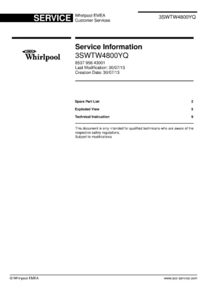 Whirlpool 3swtw4800yq service manual cover Whirlpool logo, Whirlpool EMEA customer service, model type, publication date, document number and service manual contents