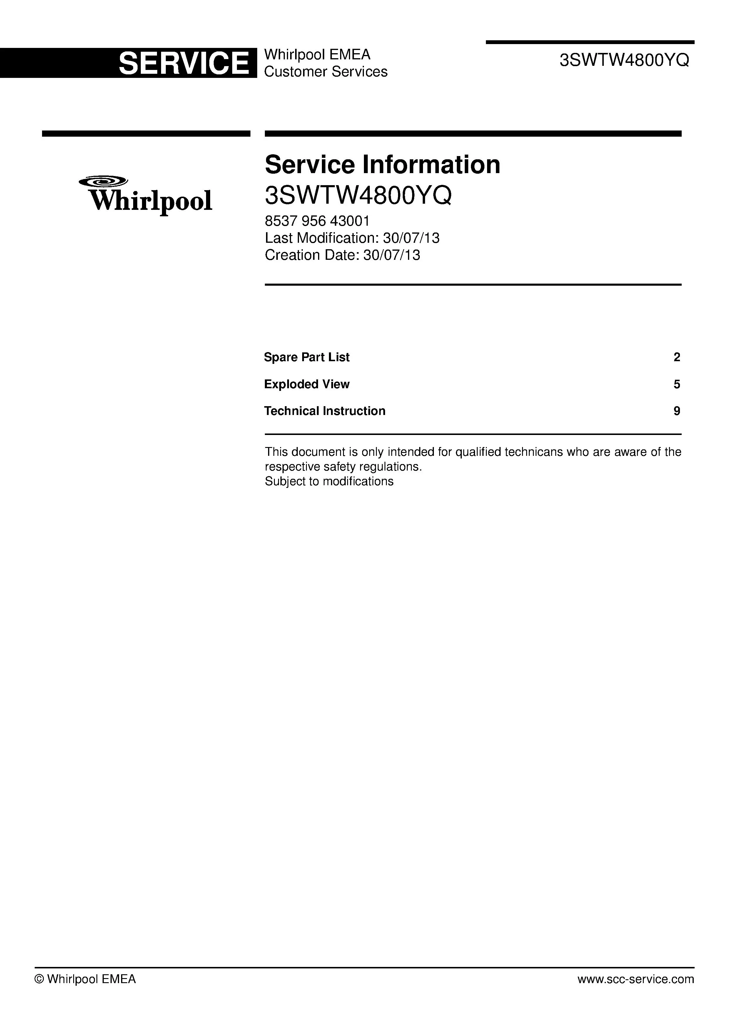 Whirlpool 3swtw4800yq service manual cover Whirlpool logo, Whirlpool EMEA customer service, model type, publication date, document number and service manual contents