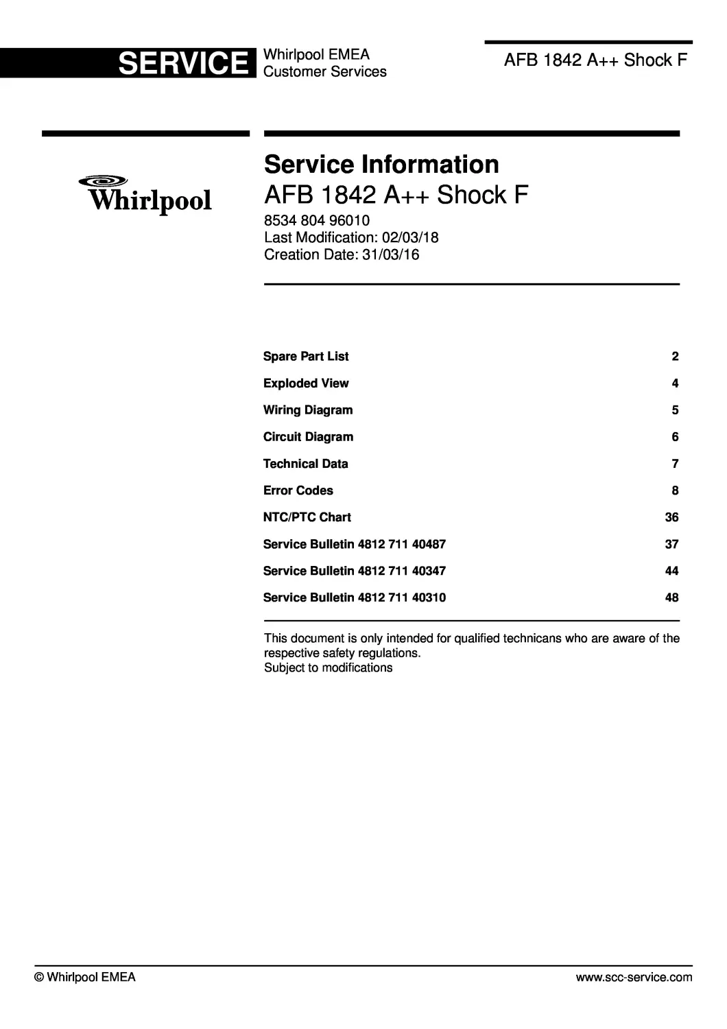 Whirlpool afb 1842 a shock f service manual cover with model code, manual contents and publication date