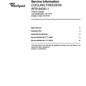 Whirlpool afb 1843 a 1 afb1843a 1 service manual cover with model code, manual contents and publication date