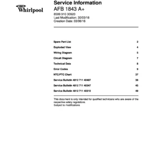 Whirlpool afb 1843 a service manual cover with model code, manual contents and publication date