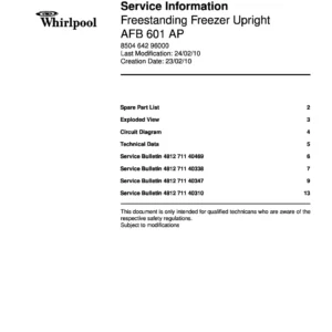 Whirlpool afb 601 ap service manual cover with model code, manual contents and publication date