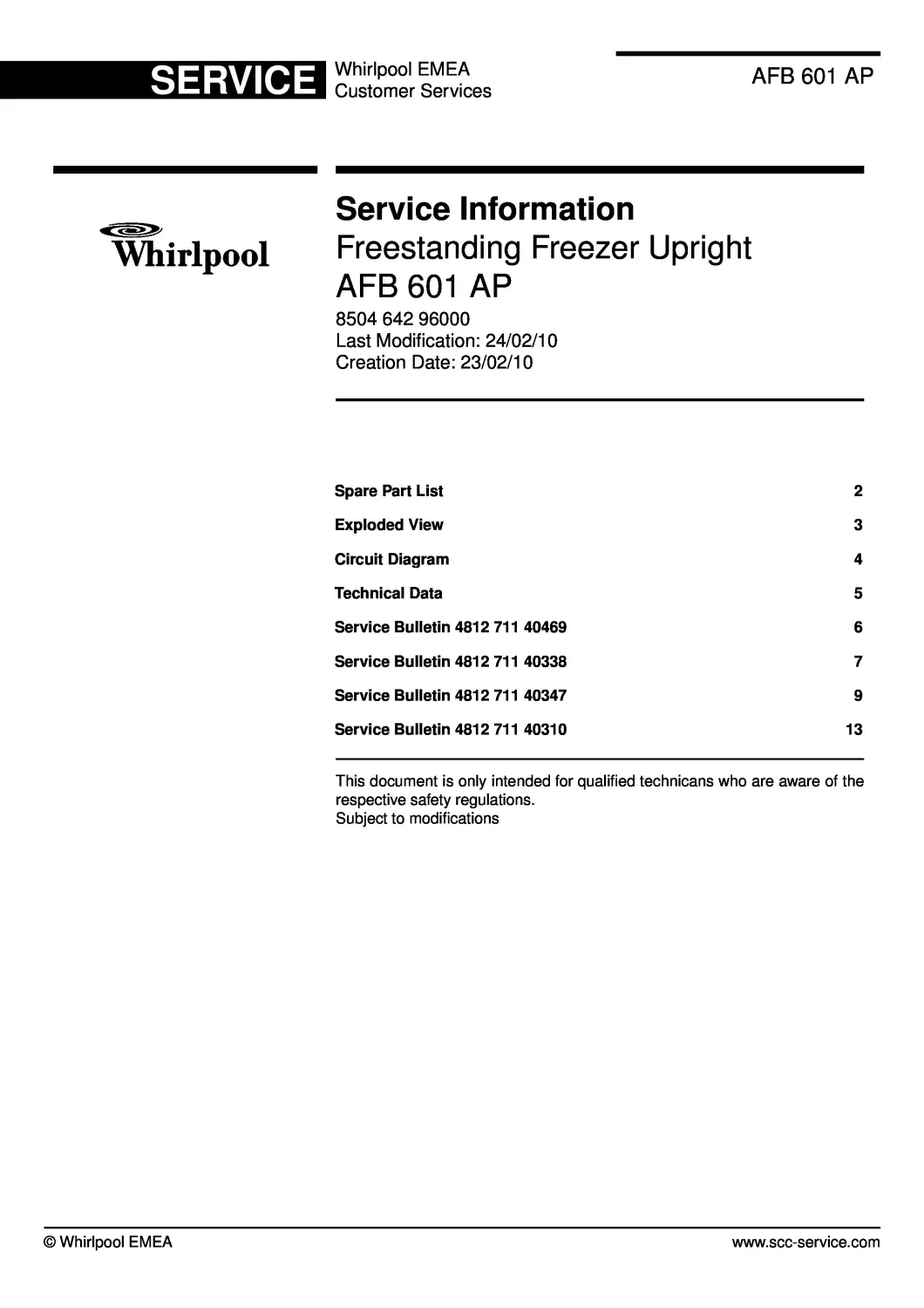 Whirlpool afb 601 ap service manual cover with model code, manual contents and publication date